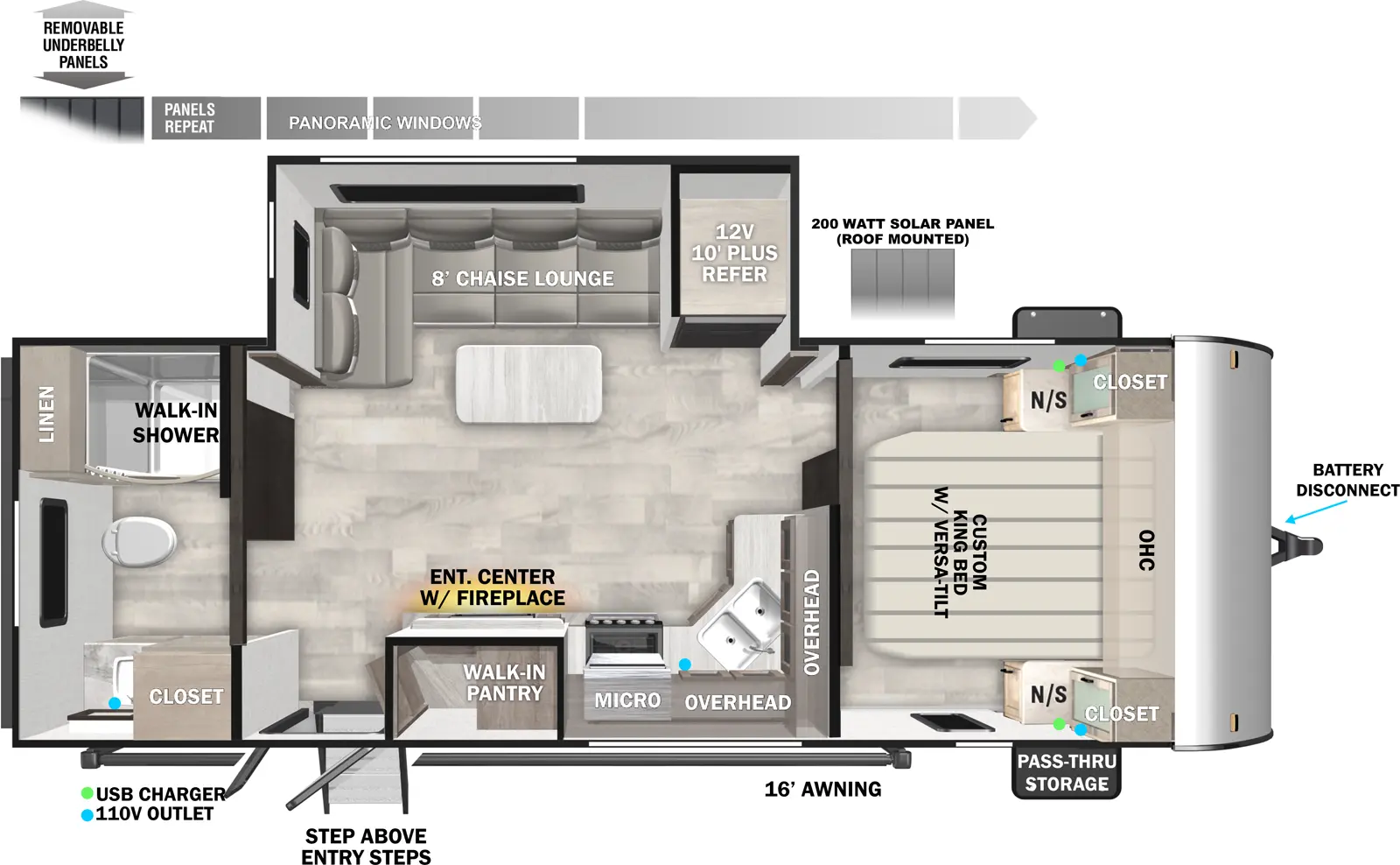 The 22RBS has one slideout and one entry. Exterior features front pass through storage, battery disconnect, StepAbove entry steps, 16 foot awning, removable underbelly panels, and 200 watt roof-mounted solar panels. Interior layout front to back: queen bed with overhead cabinet and closet with night stand on each side; off-door side slideout with refrigerator, and chaise lounge with table; kitchen counter with sink wraps from inner wall to door side with overhead cabinet, microwave, cooktop, entertainment center with fireplace below and walk-in pantry behind, and entry door; rear full bathroom with linen cabinet, closet, and walk-in shower.